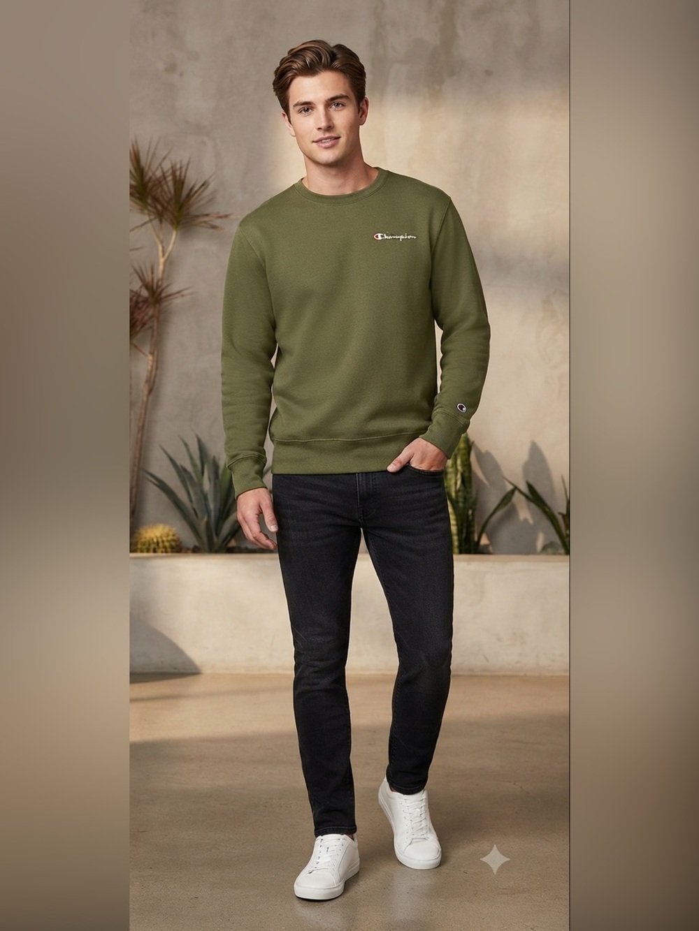 Champion Unisex Olive Green Powerblend Crewneck Sweatshirt - Size S